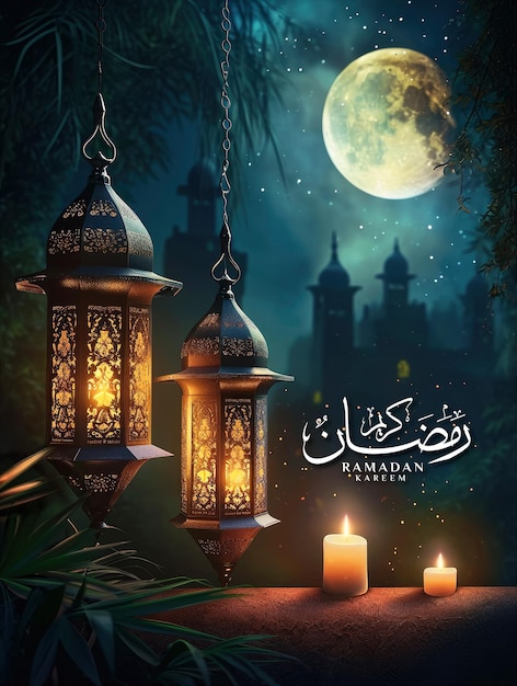 Ramadan poster sjabloon en social media post met realistische moskee en lantaarn achtergrond.