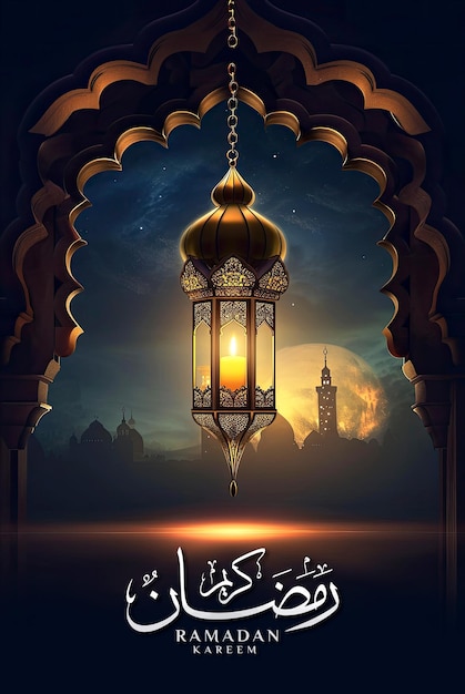 PSD ramadan poster sjabloon en social media post met realistische moskee en lantaarn achtergrond.