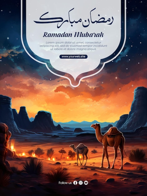 Ramadan poster sjabloon met kamelen en moslims met een woestijn achtergrond 's nachts