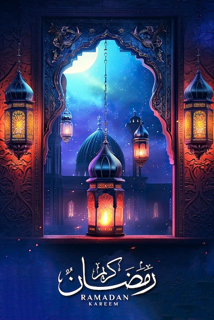 Ramadan poster template and social media post with realistic mosque and lantern background