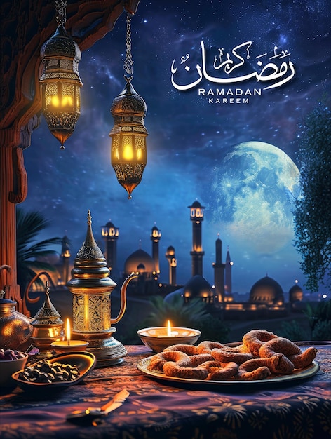 Ramadan poster template and social media post with realistic mosque and lantern background