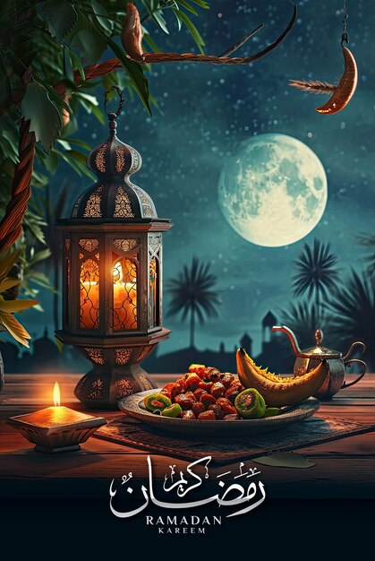 PSD ramadan poster template and social media post with realistic mosque and lantern background