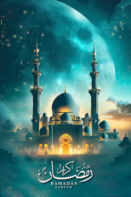 Ramadan poster template and social media post with realistic mosque and lantern background