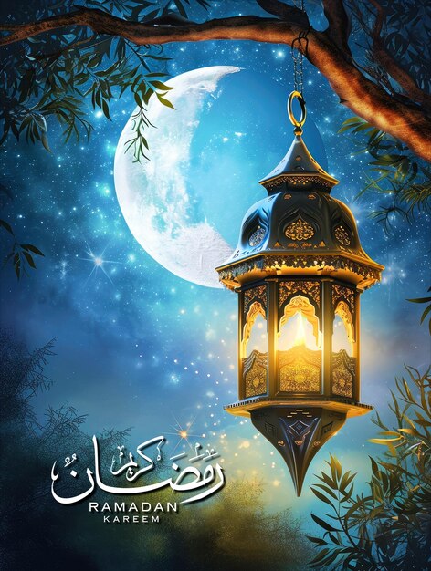 Modello di poster del ramadan e post sui social media con sfondo realistico di moschea e lanterna.