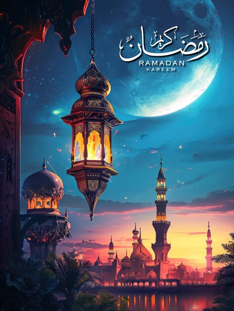 Ramadan poster template and social media post with realistic mosque and lantern background