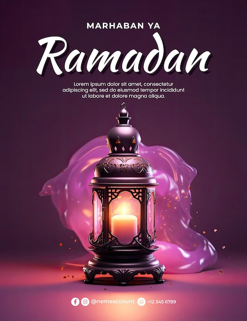 Modello di poster del ramadan con su uno sfondo pastello viola una lanterna del ramadan sul bianco