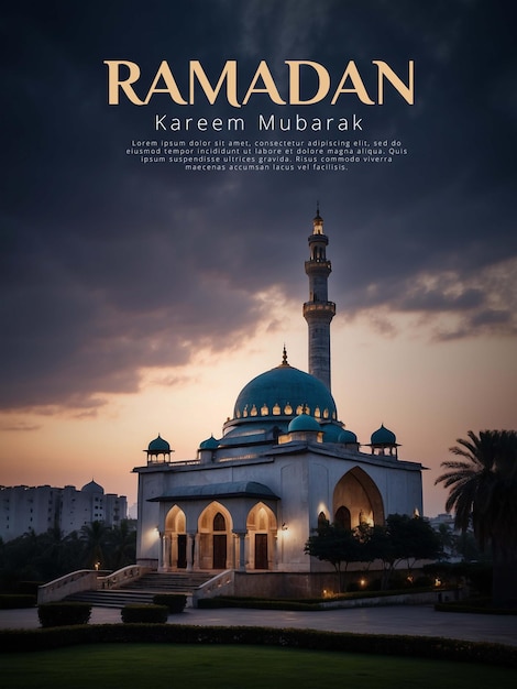 PSD poster del ramadan con una lanterna araba sullo sfondo con un bellissimo cielo notturno