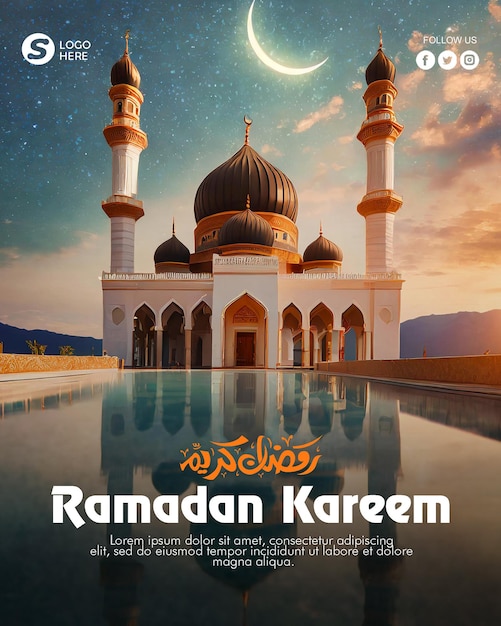 Poster del ramadan con foto di una bella moschea con lanterna araba del ramadan