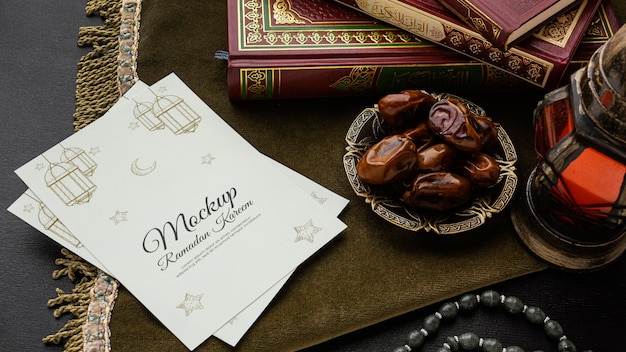 PSD ramadan print mockup and figs high angle