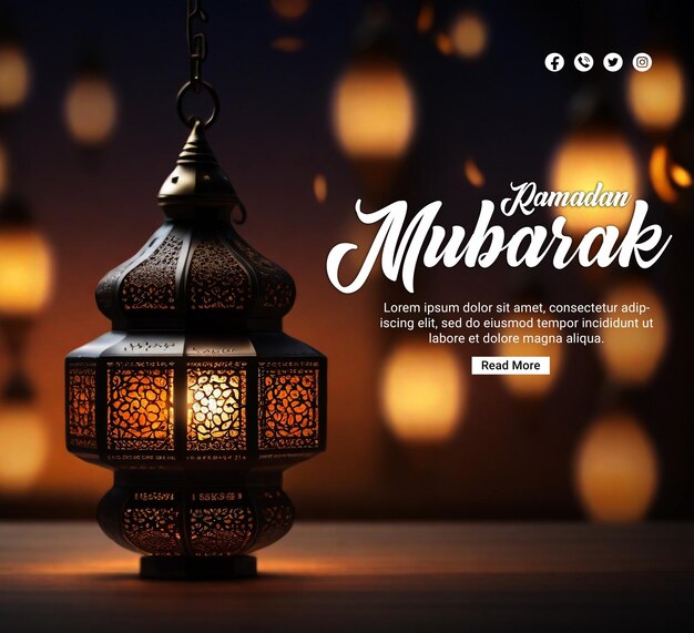 Ramadan psd poster with elegant lamp and blur boken light background