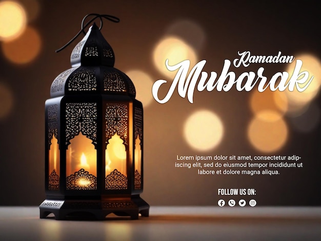 Poster psd del ramadan con lampada elegante e sfondo luminoso sfocato.