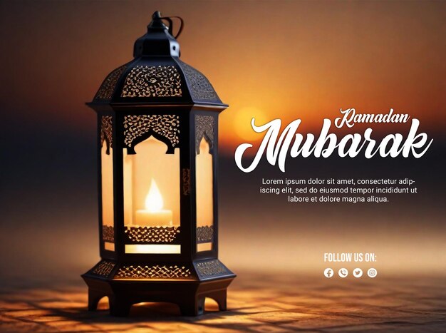 Ramadan psd poster with elegant lamp and blur boken light background