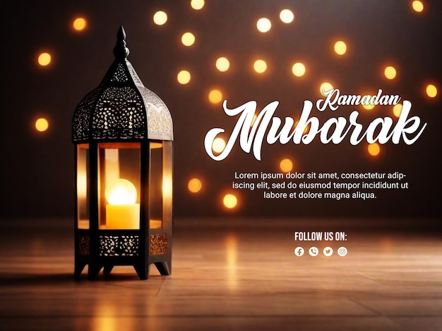 Ramadan psd poster with elegant lamp and blur boken light background