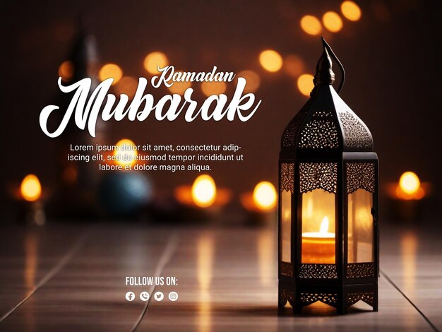 PSD ramadan psd poster with elegant lamp and blur boken light background