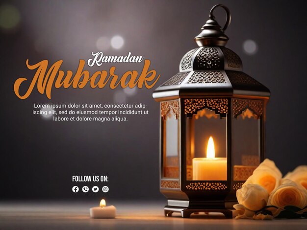 Ramadan psd poster with elegant lamp and blur boken light background