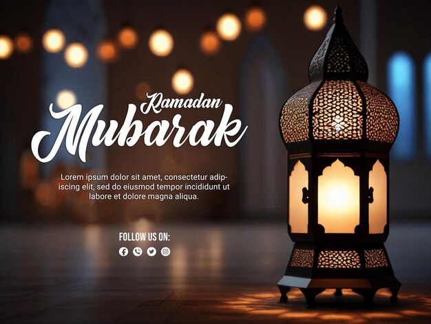 Ramadan psd poster with elegant lamp and blur boken light background