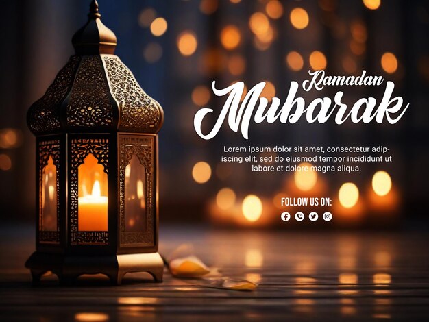 Ramadan psd poster with elegant lamp and blur boken light background