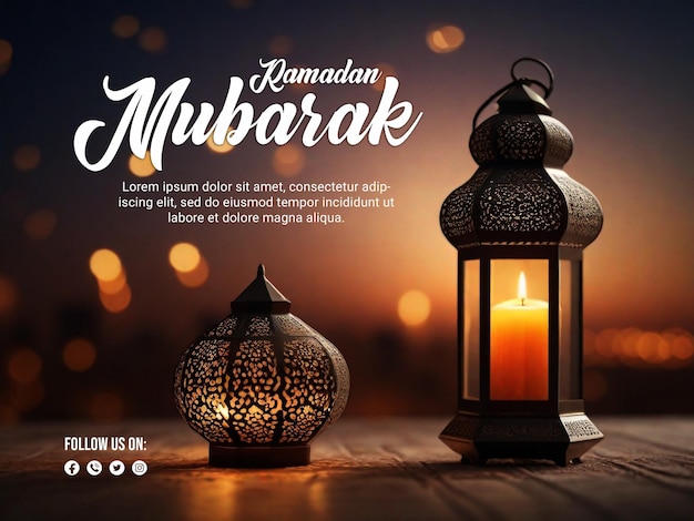 PSD ramadan psd poster with elegant lamp and blur boken light background