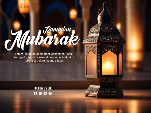 PSD ramadan psd poster with elegant lamp and blur boken light background