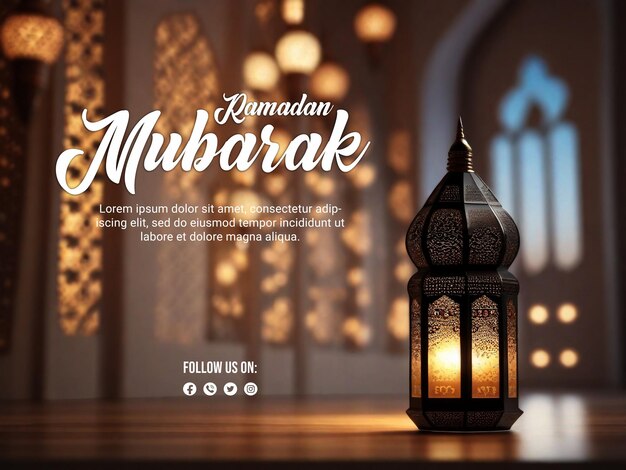 Poster psd del ramadan con lampada elegante e sfondo luminoso sfocato.