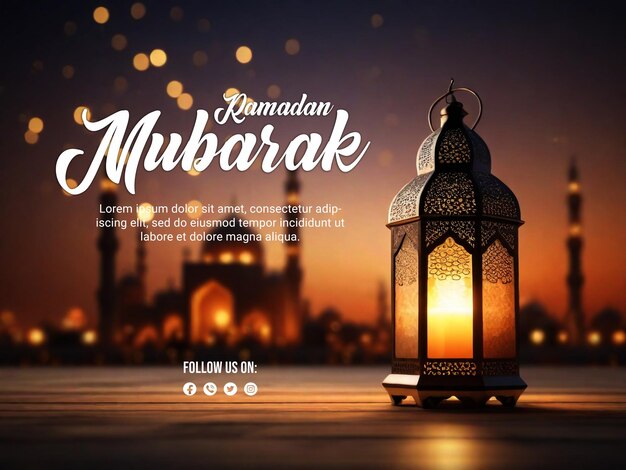 Poster psd del ramadan con lampada elegante e sfondo luminoso sfocato.