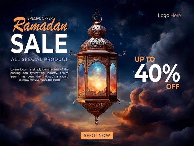 Ramadan sale background with lantern and cloud sky