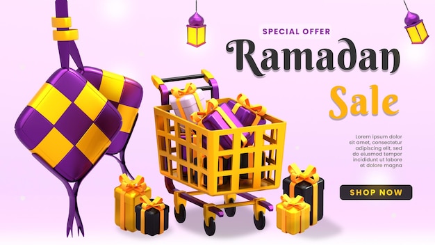 3d Giftbox와 쇼핑 카트가 있는 라마단 판매 배너 방문 페이지 템플릿 Premium Psd