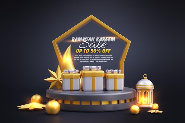 Ramadan Sale banner template 3d illustration with moonstarpodiumlantern