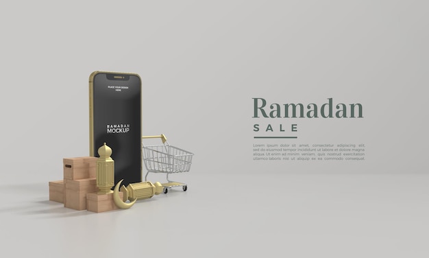 Mockup di vendita di ramadan con supporto per smartphone