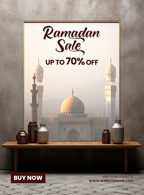 PSD vendita di ramadan e offre poster design sfondo con podio 3d