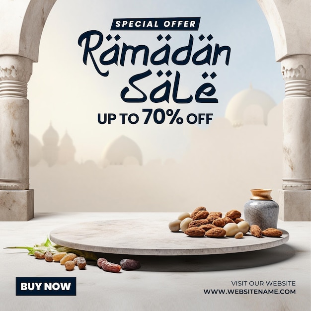 PSD ramadan sale social media post template with 3d podium for product promotion