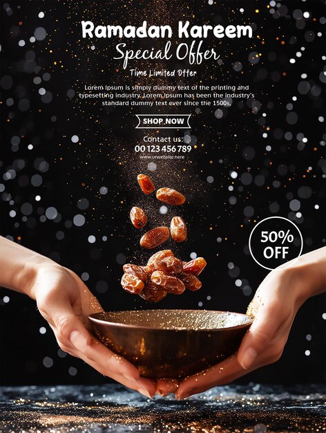 PSD ramadan sale social media template with a bowl filled with dates a persons hands reaching towards