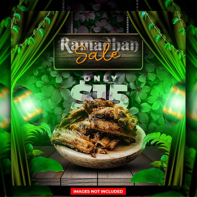 Распродажа в рамадан с тарелкой еды на ней шаблон флаера для социальных сетей