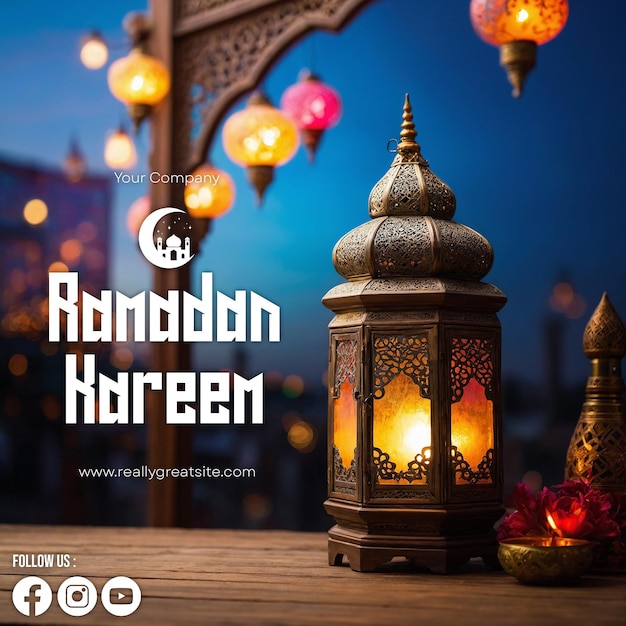 PSD concetto di social media del ramadan con bellissime illustrazioni di lanterne