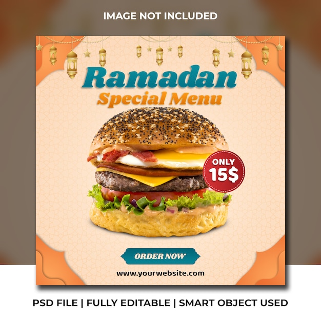 Ramadan speciaal menu fastfood hamburger restaurant oranje en groen kortingssjabloon