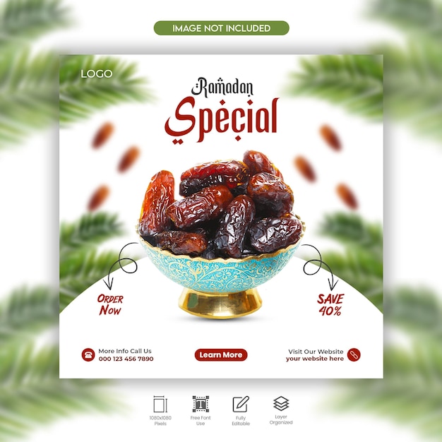 Специальные даты рамадана и еда ифтара в социальных сетях instagram пост дизайн шаблона веб-баннера premium