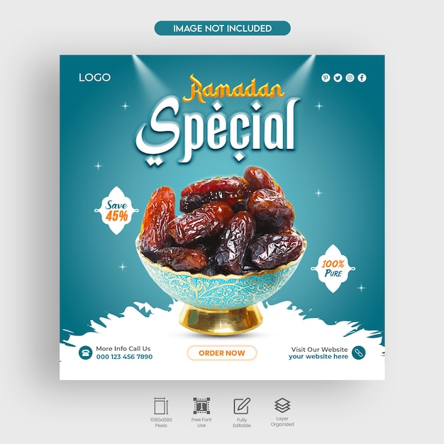 Date speciali del ramadan e social media di cibo iftar modello di banner web post di instagram psd premium