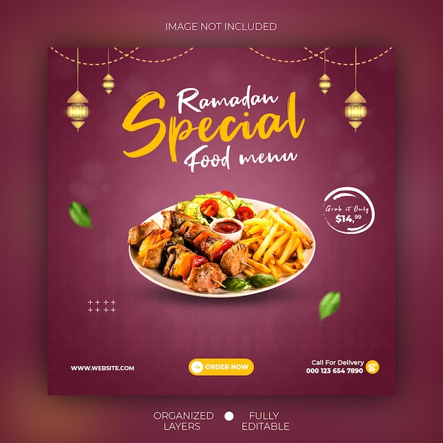 Banner del menu del cibo speciale del ramadan e modello di post sui social media di instagram