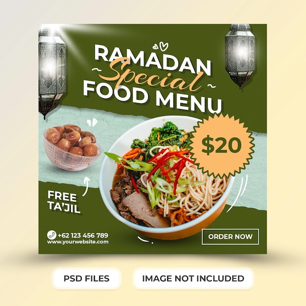 Modello di menu di cibo speciale del ramadan per la promozione dei post sui social media psd premium