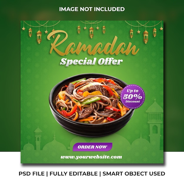 Ramadan special noodle discount offer purple and green template