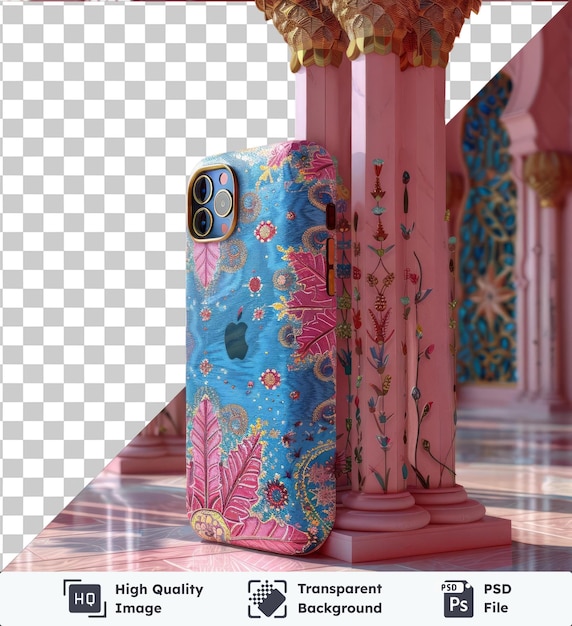 Ramadan-thema telefoonkoffer op een tegelvloer met een roze gebouw op de achtergrond