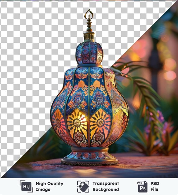 Ramadan traditional misbaha lamp on a round base sits on a wooden table surrounded by a green plant and a purple flower