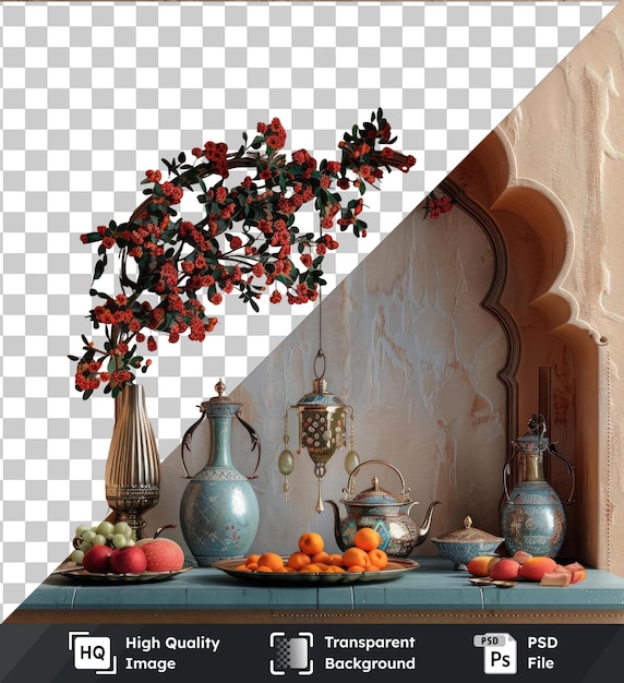PSD decorazioni tradizionali di sirwali di ramadan con vasi blu e una mela rossa su un tavolo blu contro una parete