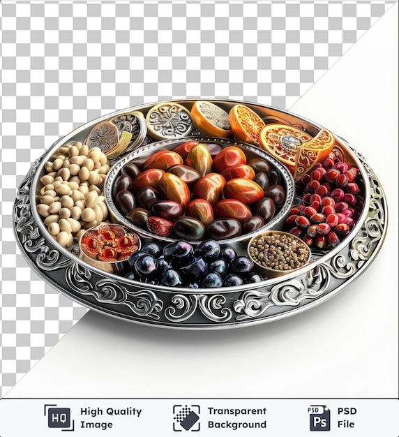 Ramadan traditionele bord met een verscheidenheid aan fruit en groenten, waaronder een rode appel een ronde schaal en een sinaasappel gerangschikt in een decoratief patroon