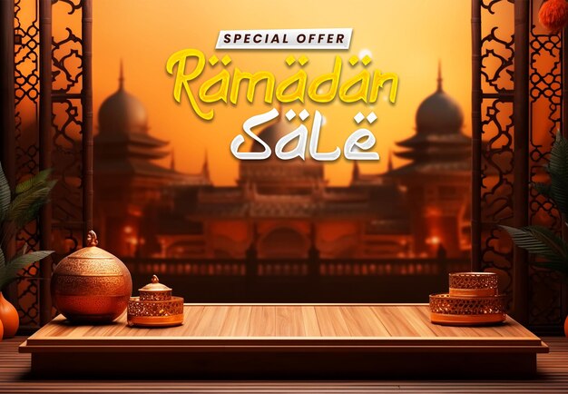 PSD ramadan verkoop en biedt web banner sjabloon ontwerp achtergrond met 3d podium