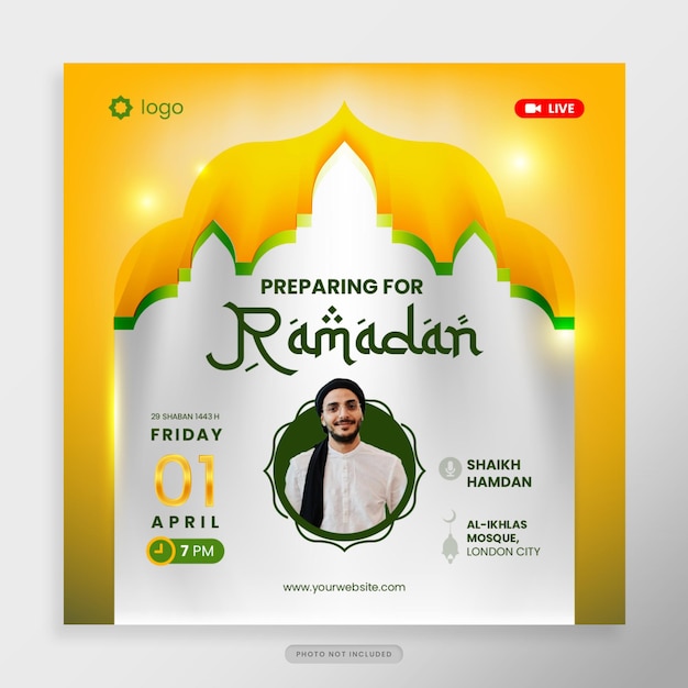 Ramadan Webinar Social Media Post-sjabloon in groen en geel gouden thema voor heilige Ramadan-vieringsgebeurtenis voor posterbanner islamitisch webinar moslimonderwijs