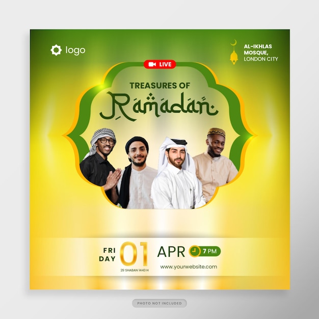 Ramadan webinar social media post template in tema oro verde e giallo per l'evento di celebrazione del santo ramadan per poster banner webinar islamico educazione musulmana