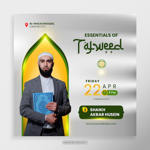 Ramadan webinar social media post template in tema oro verde e giallo per l'evento di celebrazione del santo ramadan per poster banner webinar islamico educazione musulmana