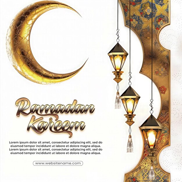 Ramadanu Kareem Szablon Kartki Powitalnej Z Islamskim 3d Złoty Księżyc I Geometryczny Wzór Eid Al Fitr