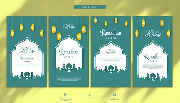 Pacchetto di set di storie di instagram con modello di design minimalista per post di auguri ramadhan kareem